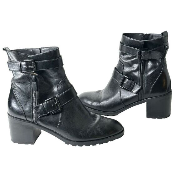 Michael Kors Gretchen Mid Heel Bootie Black Leather Moto Chunky Lug Sole 9M - Picture 1 of 12